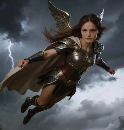 AI Video from prompt: the valkyrie files on wings in the stormy sky. t