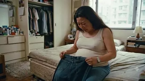 AI Video from prompt: A chubby Chinese woman is sitting on her bed in 