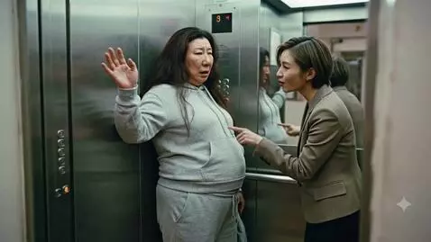 AI Video from prompt: A chubby Chinese woman is riding an elevator in 