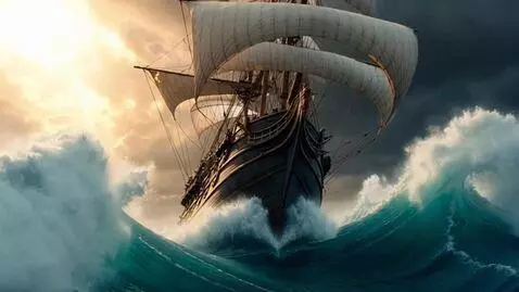AI Video from prompt: The ship is rocking on the waves. but he's movin