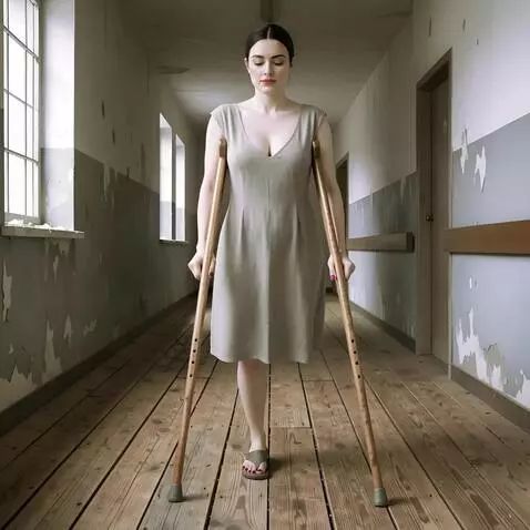AI Video from prompt: A one-legged woman moves forward on crutches alo