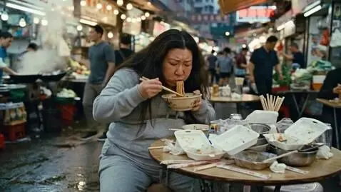 AI Video from prompt: A overweight Chinese woman is eating nonstop in 