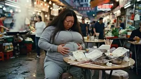 AI Video from prompt: An overweight and very bloated Chinese woman has