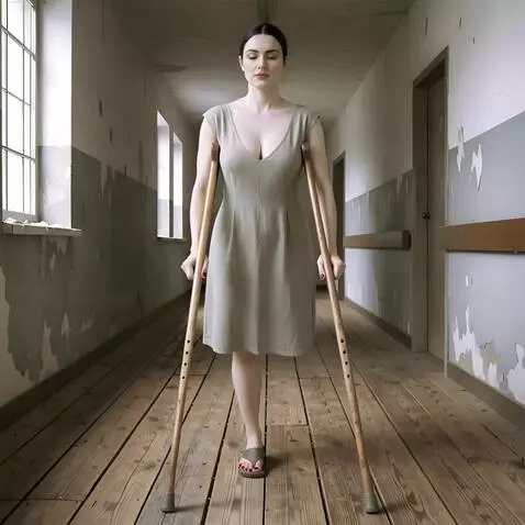 AI Video from prompt: A one-legged woman moves forward on crutches alo