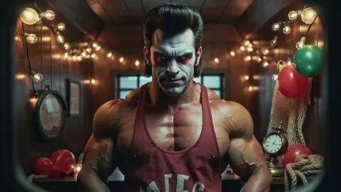 AI Video from prompt: pec pop of love freaky carnival hypnotist muscle