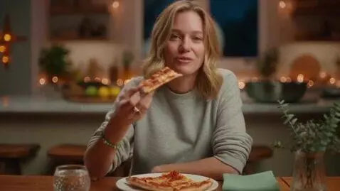 AI Video from prompt: A beautiful 250 lb blond sits at a dinner table 