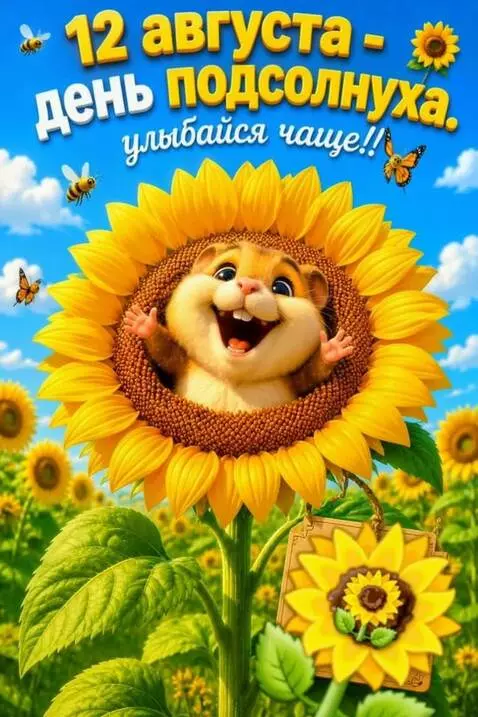 AI Video from prompt: Peeks out from the sunflower head , laughs , and