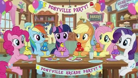 AI Video from prompt: Pinkie Pie with Pac-Man cupcake, Rainbow Dash wi
