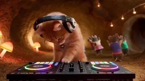 AI Video from prompt: The cat is at the DJ's console, and the mice are
