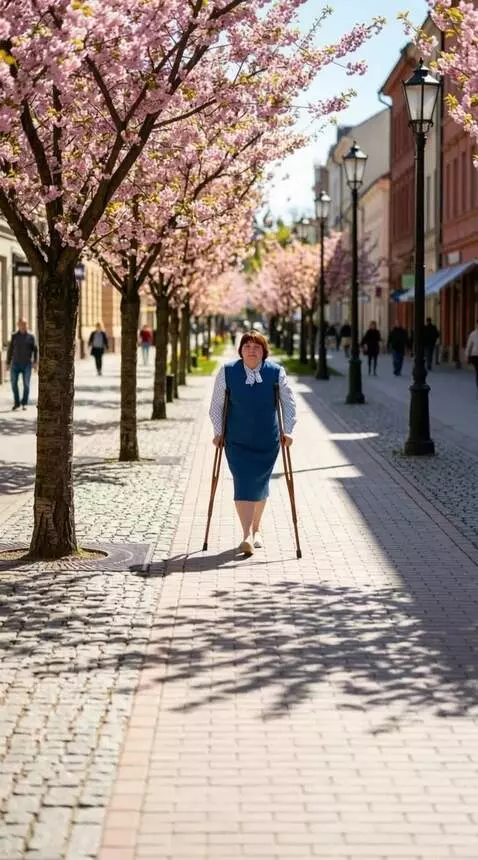 AI Video from prompt: A one-legged woman walks slowly toward the camer