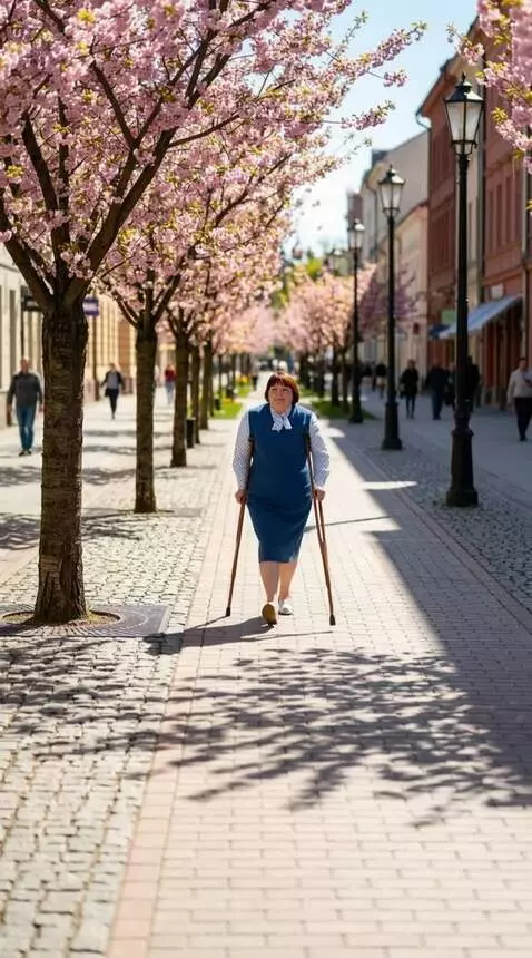 AI Video from prompt: A one-legged woman walks slowly toward the camer