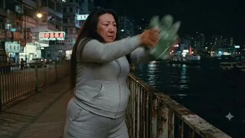 AI Video from prompt: An overweight Chinese woman throws a statue into