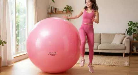 AI Video from prompt: The girl sits down on a pink fitball and starts 