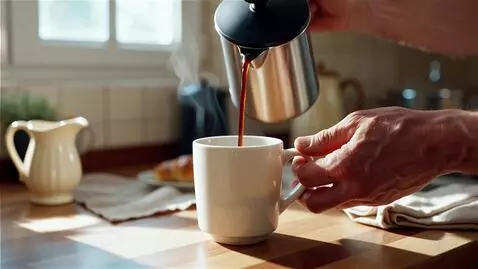 AI Video from prompt: close-up of a hand pouring coffee into a cup. Wa