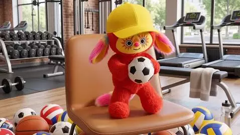 AI Video from prompt: the toy stands up, grabs a ball from the chair, 