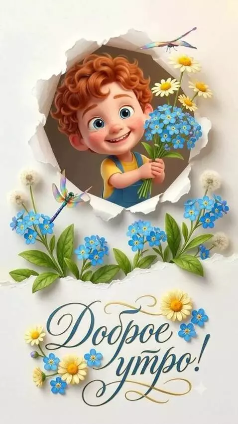 AI Video from prompt: The little one smiles and holds out a bouquet , 