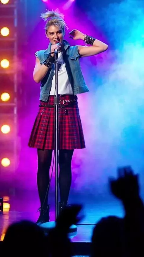 AI Video from prompt: The girl in the skirt is singing and doing a pir
