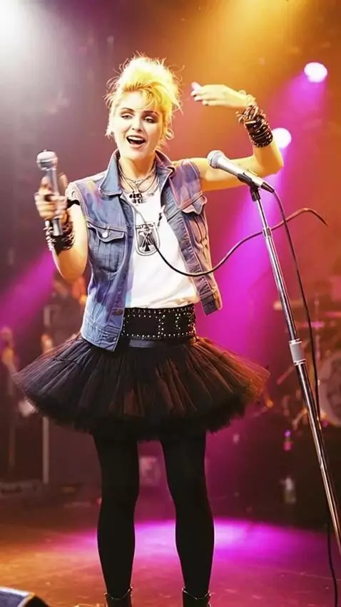 AI Video from prompt: Madonna in a short tutu skirt sings and pirouett