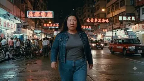 AI Video from prompt: An overweight Chinese woman walks through the st