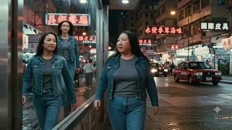 AI Video from prompt: An overweight Chinese woman walks through the st