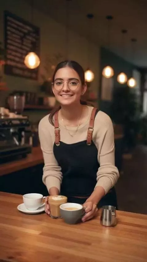 AI Video from prompt: a barista with brown hair wearing only her glass