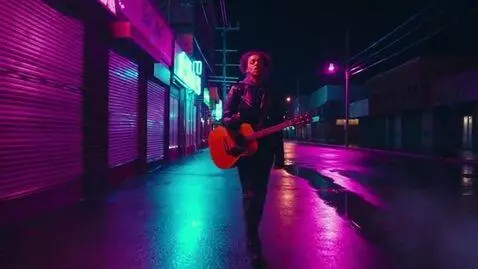 AI Video from prompt: I walk along the empty roads,   Neon lights are 
