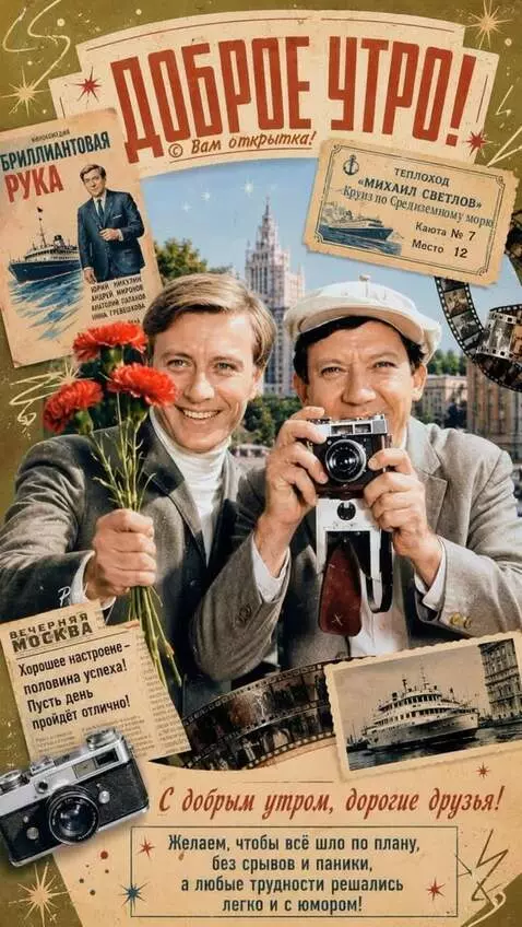 AI Video from prompt: They are smiling; one is waving carnations ,and 