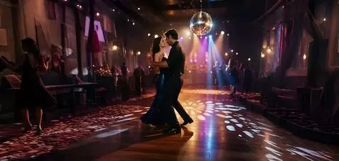 AI Video from prompt: A loving couple dances rhythmically in a dimly l