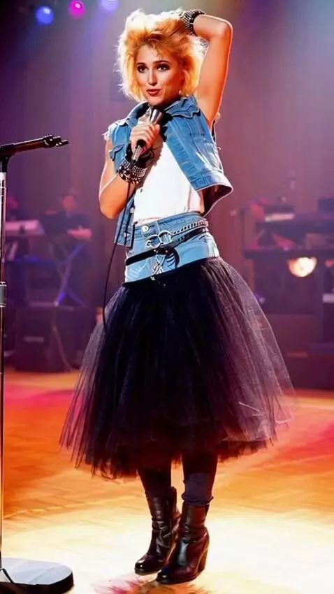 AI Video from prompt: Madonna in a skirt does a pirouette around herse