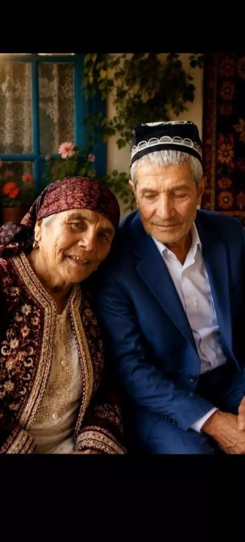 AI Video from prompt: An elderly Uzbek grandfather and grandmother sit