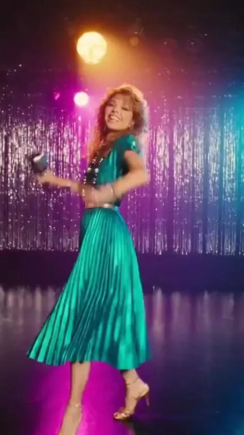 AI Video from prompt: A girl in a dress is singing and pirouetting aro