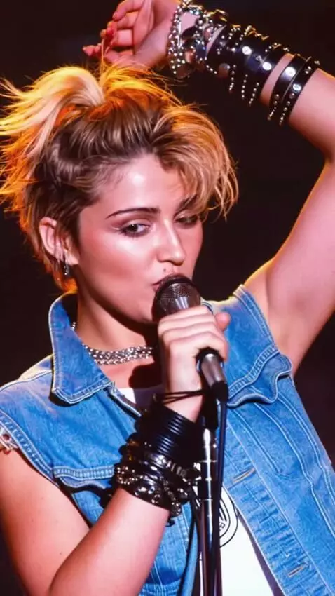 AI Video from prompt: Madonna in a short skirt sings and dances techno