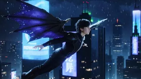 AI Video from prompt: A breathtaking, slow-motion shot of a boy soarin