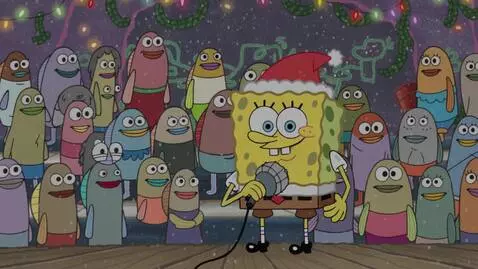 AI Video from prompt: SpongeBob with a Santa hat holding a microphone 