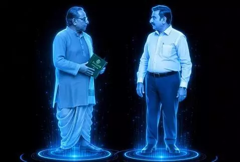 AI Video from prompt: Two blue holograms stand on separate glowing cir