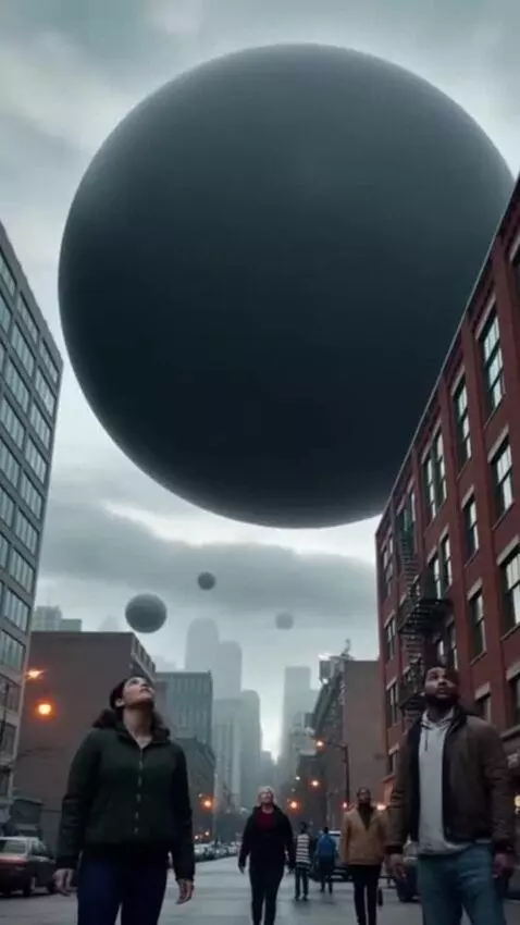 AI Video from prompt: Enormous black spheres arrive in Earth’s atmosph