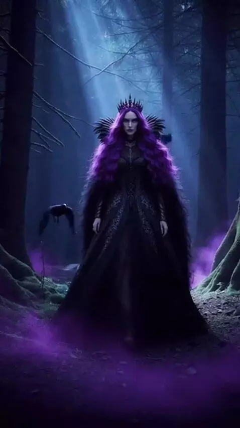 AI Video from prompt: A mysterious gothic queen with long dark violet 