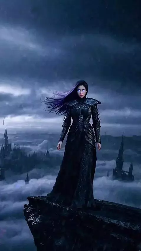 AI Video from prompt: A legendary dark fantasy queen stands alone on t