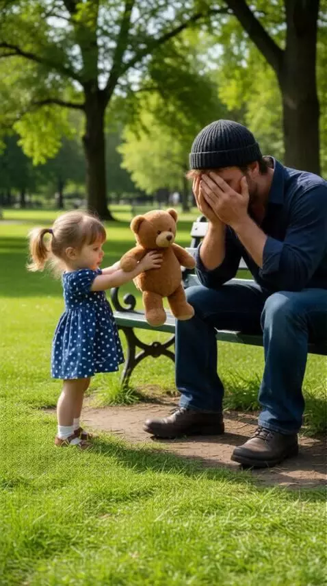 AI Video from prompt: The little girl hands the teddy bear to the man,