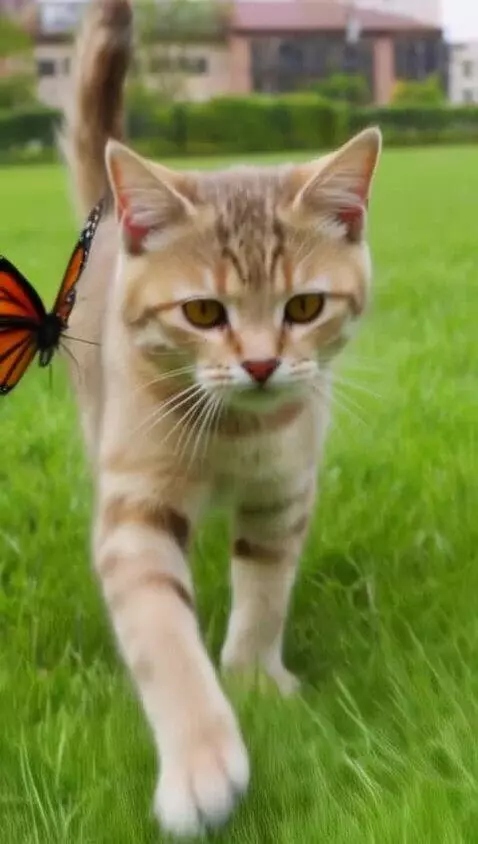 AI Video from prompt: A cat is walking around the  garden and cat is p