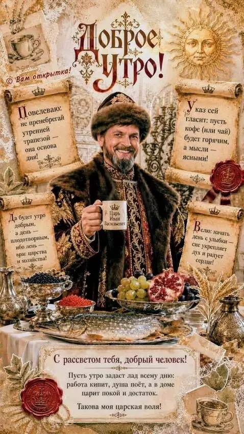 AI Video from prompt: The Tsar knits his brows, then smiles and drinks