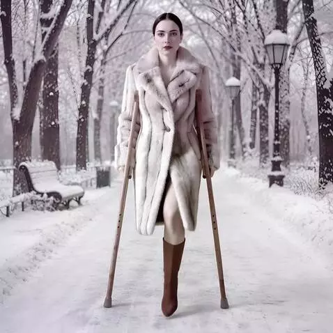 AI Video from prompt: A one-legged woman walks toward the camera acros