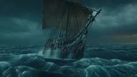 AI Video from prompt: An ancient ship, overgrown with sea creatures, i