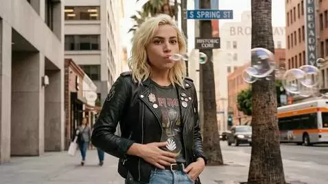 AI Video from prompt: A blonde woman is standing in the street hiccupi