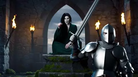AI Video from prompt: The templar steps forward, sword raised, all dra