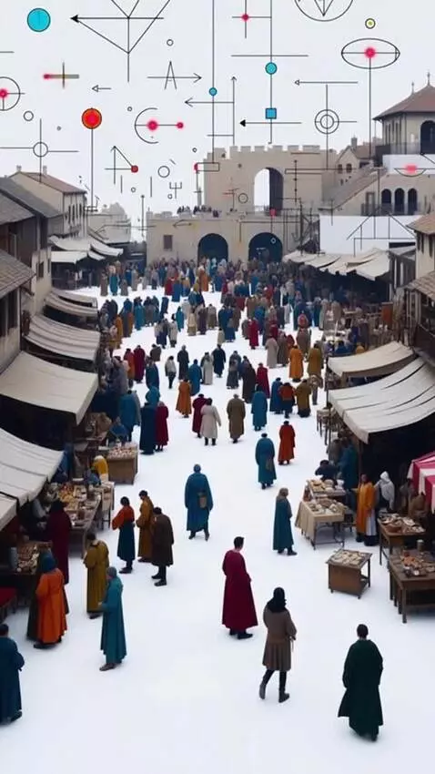 AI Video from prompt: A crowded medieval marketplace slowly freezes in