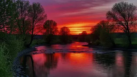 AI Video from prompt: The sunset is crimson and there is a river nearb