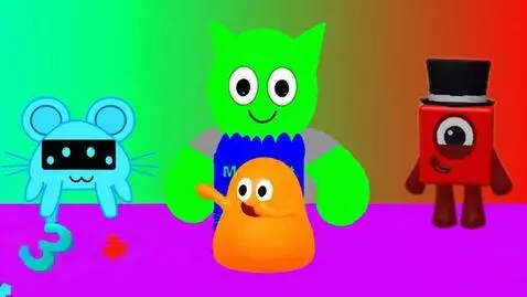 AI Video from prompt: MotoPet, SlimeKitty and Numberblocks 1 eats Moto