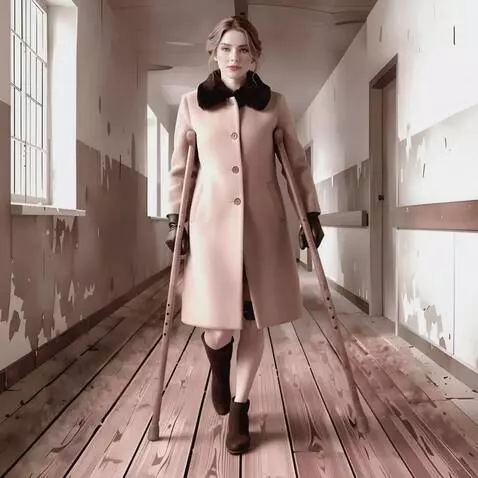 AI Video from prompt: A very beautful one-legged woman walks toward th
