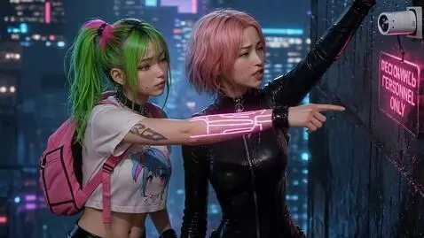 AI Video from prompt: Two cyberpunk girls on a dark rainy staircase at